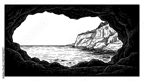 Panoramic View from Inside Cave Opening Towards Sea and Rocky Coastline Black and White Outline Line Art Drawing