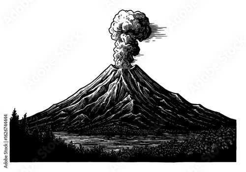 A Majestic Erupting Volcano Landscape with Smoke Over Lake Forest Black and White Outline Line Art Drawing Simple Style