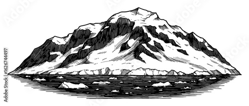 Antarctica Landscape Snow Covered Mountain with Icebergs in Ocean Black and White Outline Line Art Drawing