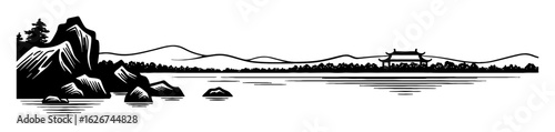 Horizontal Panorama of Empty Lake and Rocks Landscape with Chinese Oriental Art Style Black and White Outline Line Art Drawing