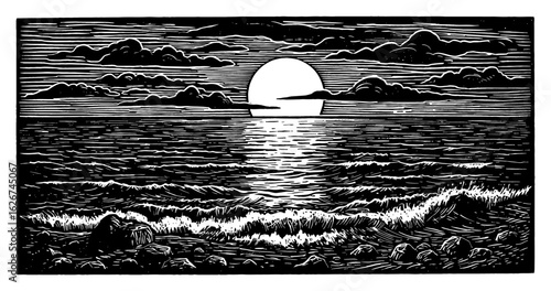 Moonlit Sea Waves Rocky Shore Beautiful Scenery Simple Style Black and White Outline Line Art Drawing