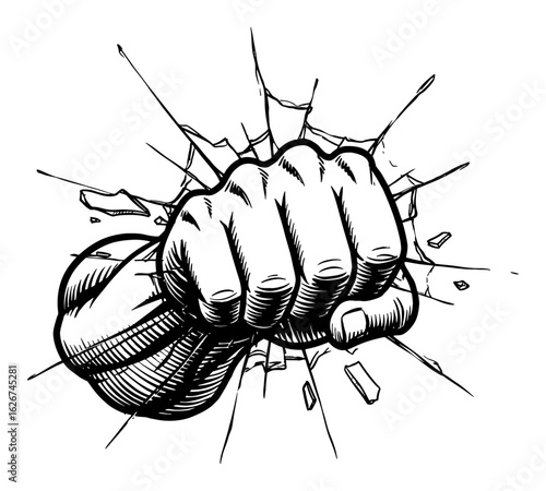 A Muscular Hand Fist Breaking Out Glass Black and White Outline Line Art Drawing Vector Illustration