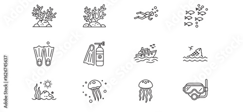 Vector illustrations of diving and underwater life depicting coral fish and scuba gear