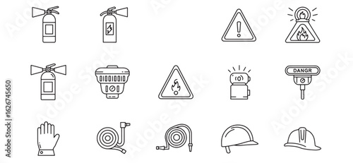 Vector illustration of fire safety equipment and warning symbols in line art style