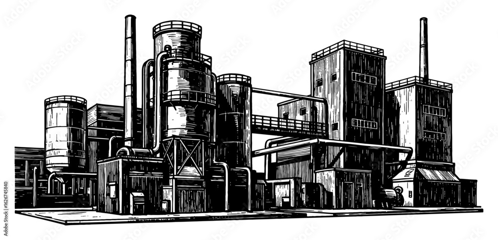 Obraz premium Industrial Factory Buildings Scenery Landscape Detailed Perspective Black and White Outline Line Art Drawing