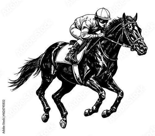Magnificent Black Race Horse Running with Rider Black and White Outline Line Art Drawing
