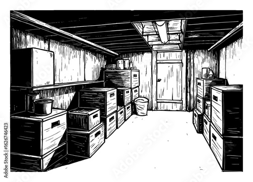 Cluttered Darkroom Basement with Stored Boxes Simple Style Black and White Outline Line Art Drawing