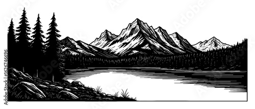 Mountain Landscape with a Lake Foreground Simple Bright Style Black and White Outline Line Art Drawing