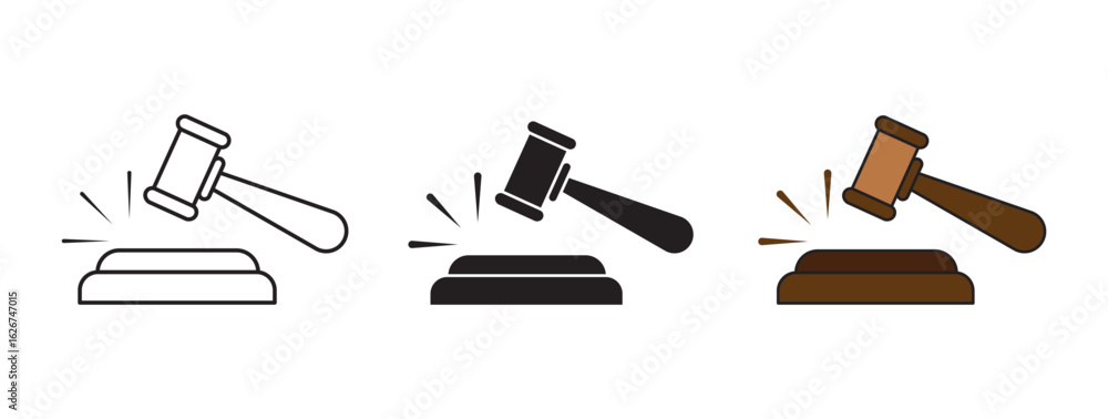 Fototapeta premium Gavel icon set. judge gavel icon vector. law icon vector. Judge hammer silhouette vector, court hammer icon set.vector illustration.