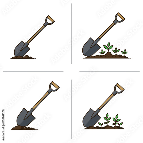 Four shovels in different positions, one with soil, isolated on white background, perfect for gardening, agriculture, or construction projects