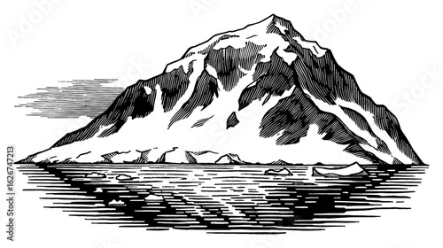 Antarctica Landscape Black and White Outline Line Art Drawing of Icy Mountains and Water