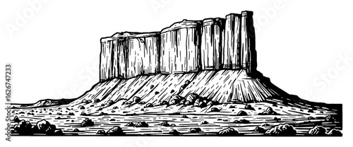 Desert Cliff Mesa Rock Formation Landscape Black and White Outline Line Art Drawing Simple Style Hand Drawn Isolated Object