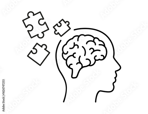Human head with brain and puzzle pieces representing thinking, psychology, mental health symbol