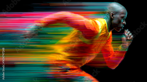 Silhouette of a runner in motion, made from dynamic streaks of vivid colors, HD realistic