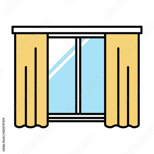 Illustration of a window with yellow curtains and a white frame.