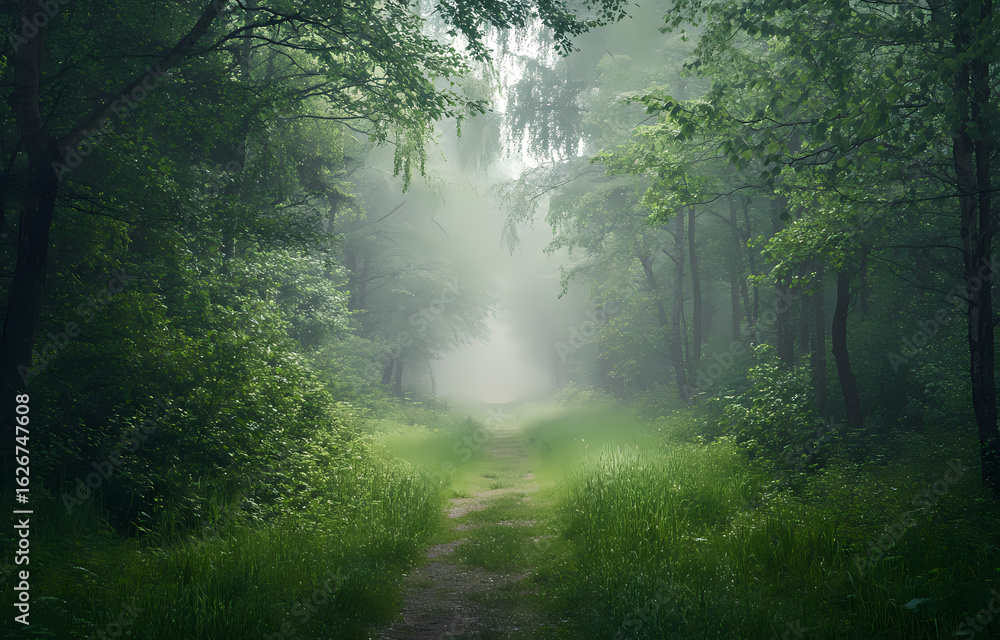Obraz premium Serene Pathway Through a Lush, Misty Forest A Journey into Nature's Embrace