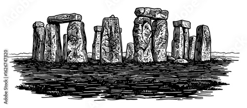Stonehenge Ancient Historic Monument Landscape View Black and White Outline Line Art Drawing Engraving