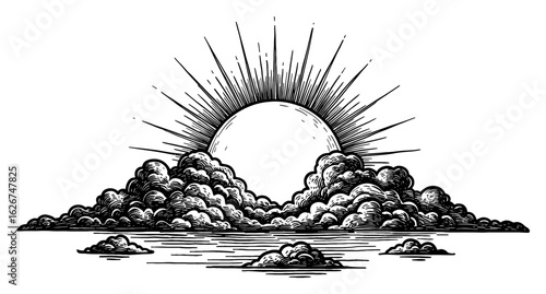 Bright Sun Rising Behind Dark Cumulus Clouds Black and White Outline Line Art Drawing Vintage Engraving
