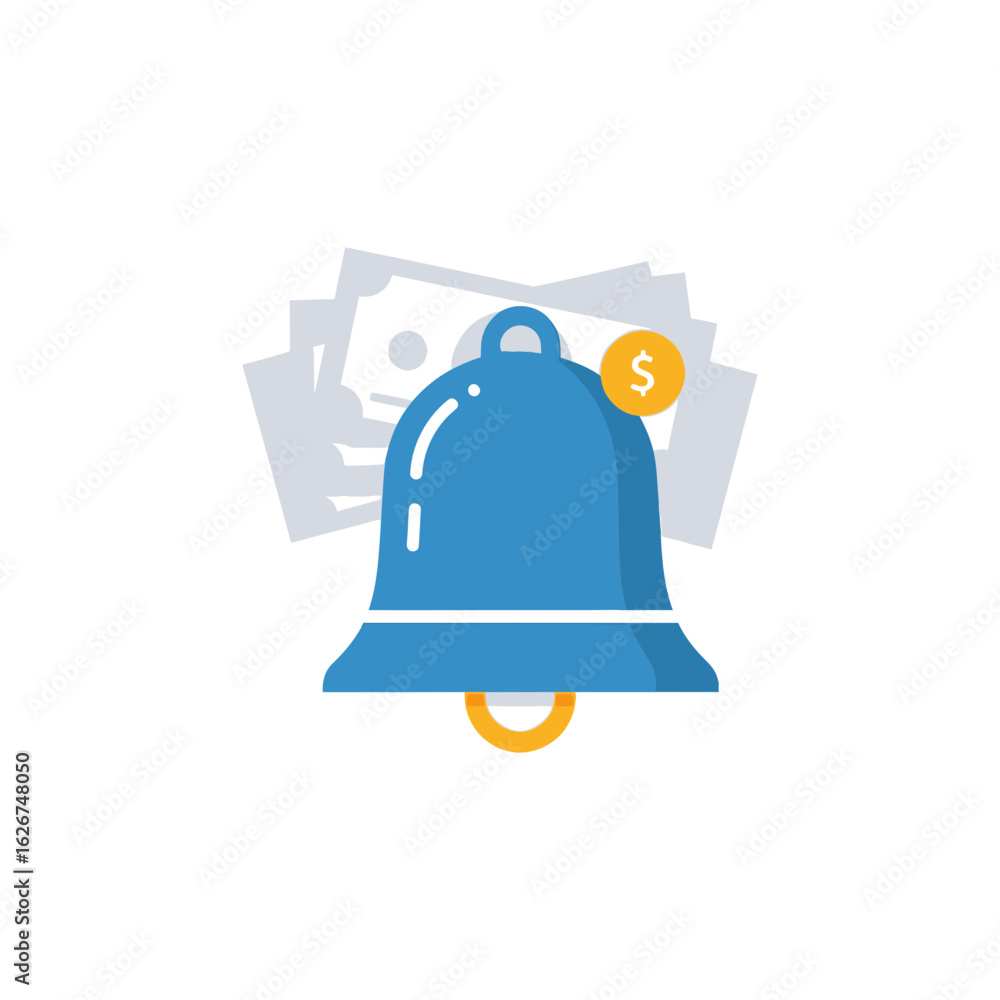 Blue bell icon with gold coin and blurred money background on white. Blue bell icon with gold coin and blurred money background on white.