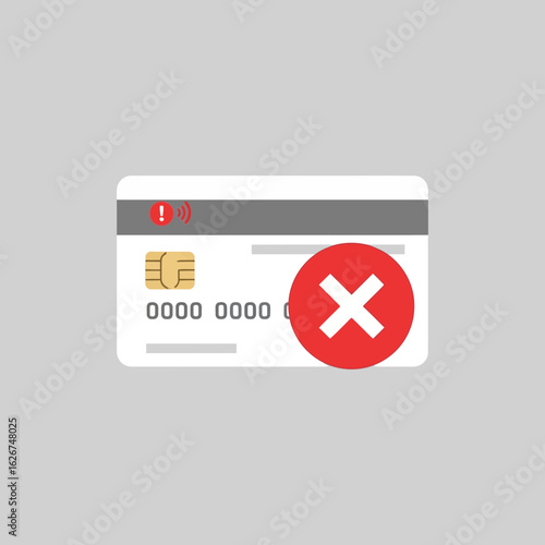 Credit card with red x symbol indicating transaction failure on gray background.