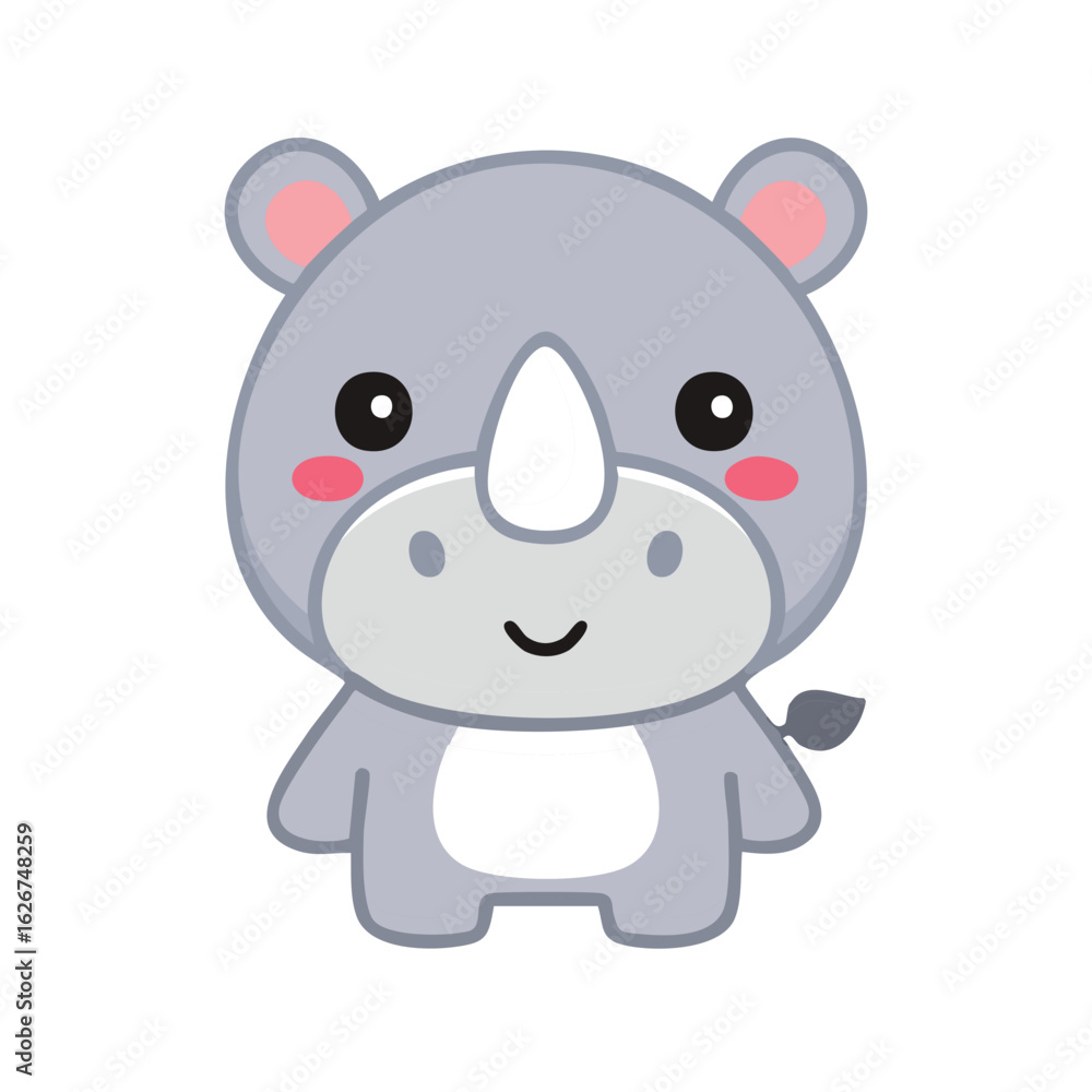 Naklejka premium A cute, friendly rhinoceros character with a charming smile. The design features a cartoon illustration with soft colors and a gentle expression