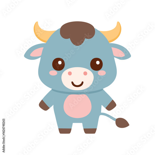 A cute cartoon style bull character standing in front of a plain background. This image is perfect for kids' design, greeting cards, and educational material