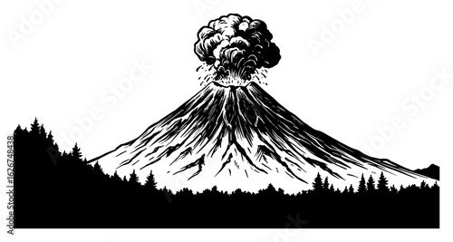 Dramatic Erupting Volcano Landscape Simple Style Black and White Outline Line Art Drawing Natural Disaster