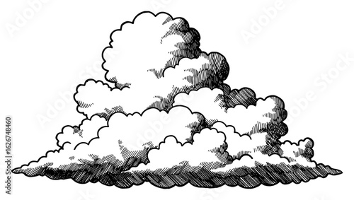 Highly Detailed Fluffy Cloud Black and White Outline Line Art Drawing Vintage Engraving Style Isolated Object