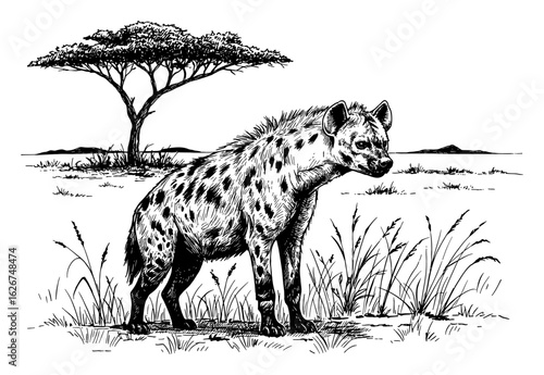 Spotted Hyena Standing in a Savannah Landscape Black and White Outline Line Art Drawing