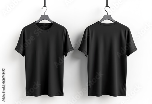 Two blank black t shirts are displayed on hangers against a clean white wall, showing both the front and back for apparel design mockups.