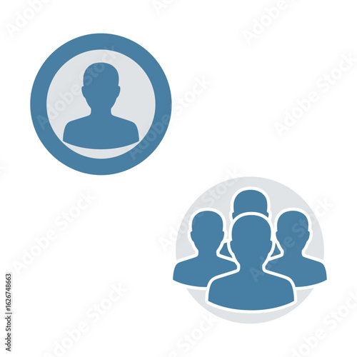 Two circular icons depicting single person and group of people silhouettes.