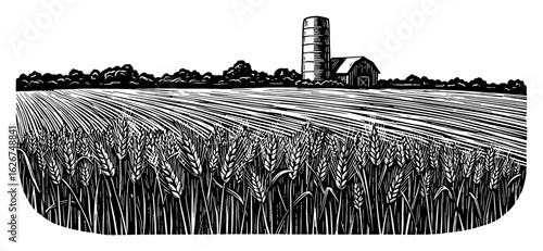 Wheat Field Farm with Barn and Silo Landscape Simple Style Black and White Outline Line Art Drawing
