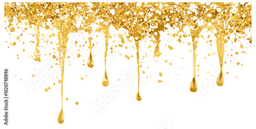 Glow splash of gold glitter drops isolated with sparkling luxury gold dust and confetti on transparent background. Elegant metallic paint, festive party decoration, shimmering overlay