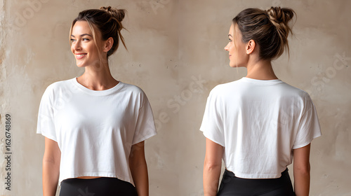 Wallpaper Mural Woman in white crop top, front and back view, smiling and looking to the side, with hair in a bun against a neutral background. Torontodigital.ca