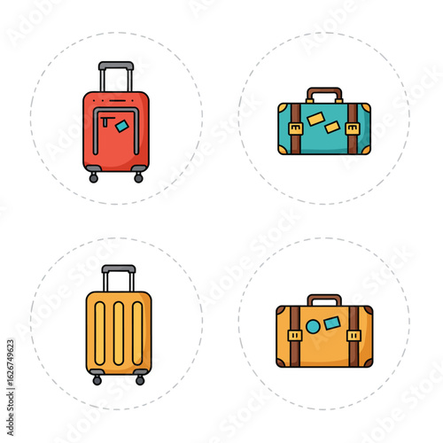 Four colorful suitcases with handles and wheels isolated on white background, perfect for travel, vacation, or business trips, showcasing different styles and colors
