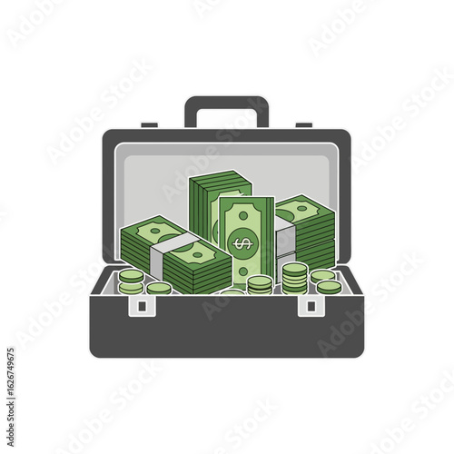 Open briefcase filled with stacks of green paper currency on a white background.