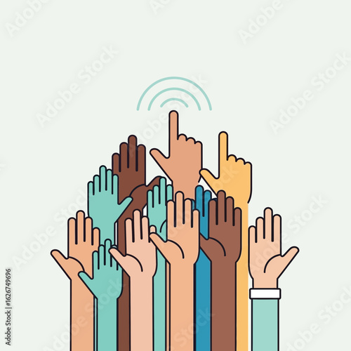 Diverse hands raised pointing upwards with a signal icon above one finger.