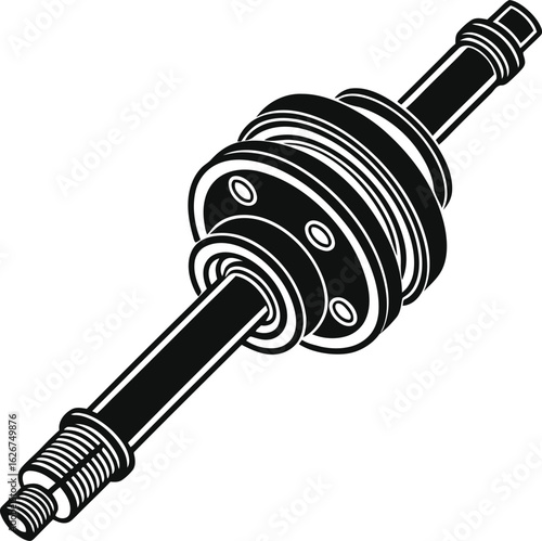 Black mechanical shaft with threaded end and circular components threaded component circular parts