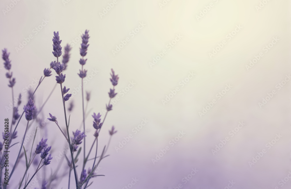Obraz premium Soft grainy illustration features minimalist sage, violet gradient with lavender sprigs. Delicate abstract light pattern adds dynamic, vibrant elegance. Perfect for modern, clean, stylish designs