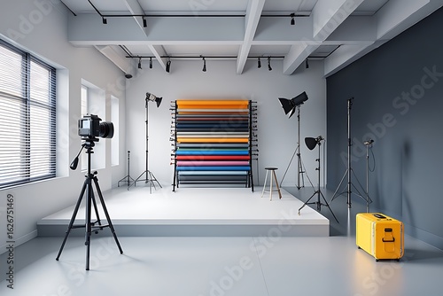 Empty modern photography studio with professional camera on a tripod, lighting stands, and a diverse collection of colorful seamless paper backdrops ready for a creative session.