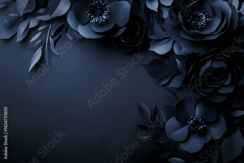 Elegant floral background with dark navy blue 3D paper art flowers and leaves creating a sophisticated corner border