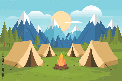 Camping Adventure with Tents around a Bonfire in the Mountains under the Sun Vacation in Nature