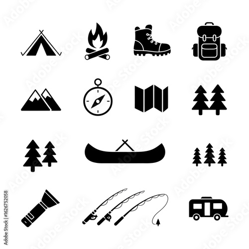 Camping and outdoor adventure icons set depicting tent campfire backpack map and fishing rods illustrating recreational activities and equipment