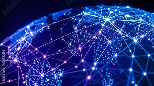 A digital representation of a globe covered in a network of glowing blue and purple lines and dots.