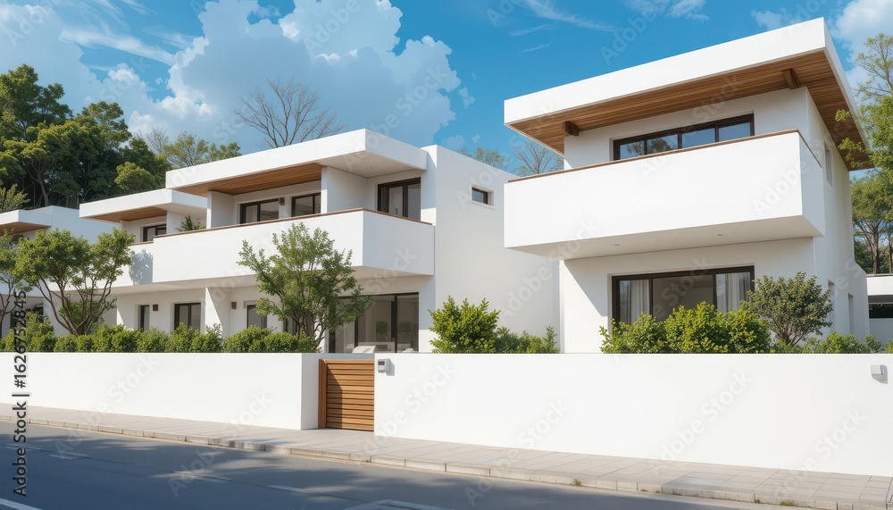 Fototapeta premium Close up Houses with Wooden Accents and Balconies on a Sunny Day
