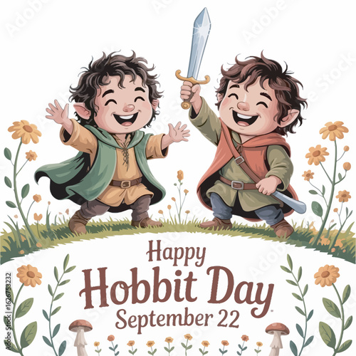 Happy Hobbit Day September 22 Two Hobbits With Sword And Flowers shire middle earth