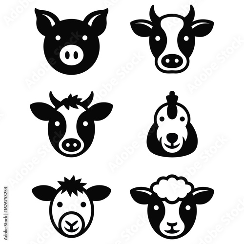 Farm animal head silhouette icons set with front-facing view in black and white vector illustration