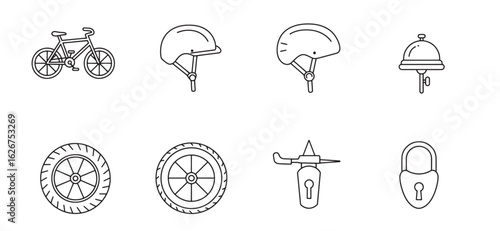 Simple line art illustrations featuring bicycle, helmet, bell, tires and other icons