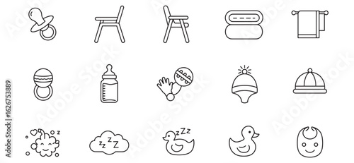 Vector icons of baby essentials including toys clothing and feeding items