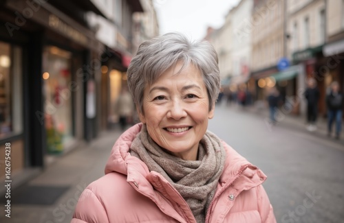 Wallpaper Mural Portrait of happy senior Asian woman with gray hair smiling outdoors on city street. Wears pink puffer jacket, scarf, looking directly at camera. Background shows blurred urban environment with Torontodigital.ca